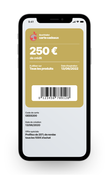 Carte cadeauDématérialisez vos cartes cadeaux ! Les bénéficiaires peuvent l’utiliser en magasin ou sur le web. Envoyez une notification push de rappel avant la date d’expiration.