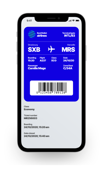 Carte d’embarquementDématérialisez vos cartes de transport ou billets d’avion. Un boarding pass digital qui améliore l’expérience proposée à vos clients.